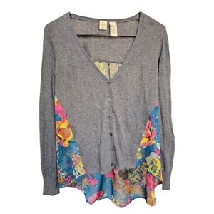 Super cute cardigan/shirt. Grey knit with sheer floral. Small
